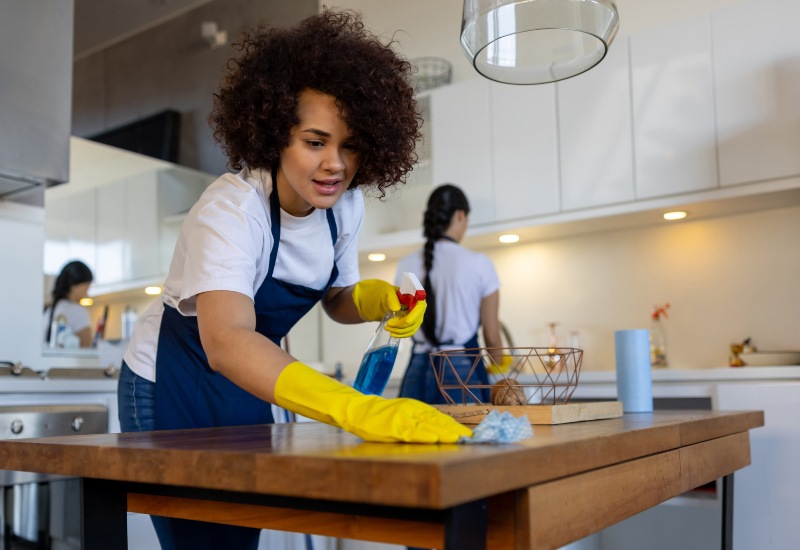 A woman diligently cleaning a kitchen table, showcasing Maid Services in Phoenix, AZ.
