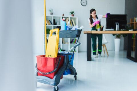 A woman with a cart of supplies cleans a Phoenix, AZ home, featuring reliable cleaning services.