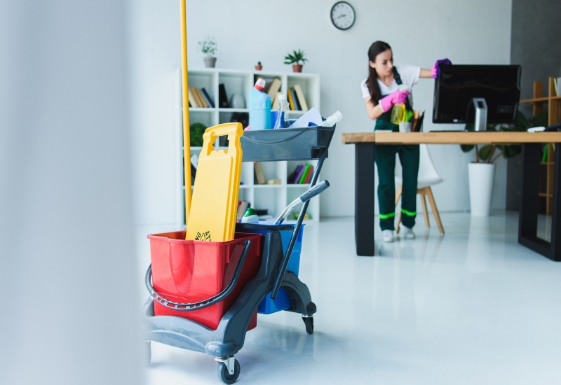 A woman with a cart of supplies cleans a Phoenix, AZ home, featuring reliable cleaning services.