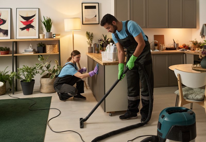 Professional apartment cleaning in Phoenix, AZ, by two cleaners vacuuming & wiping kitchen cabinets.